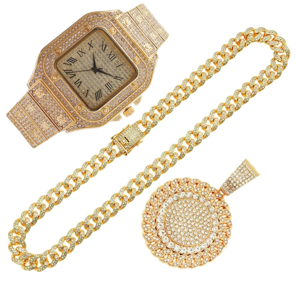Luxury Watch Miami - นาฬิกาข้อมือแบบ Iced Out 2 เรือน พร้อมจี้สร้อยคอประดับเพชรเทียม
