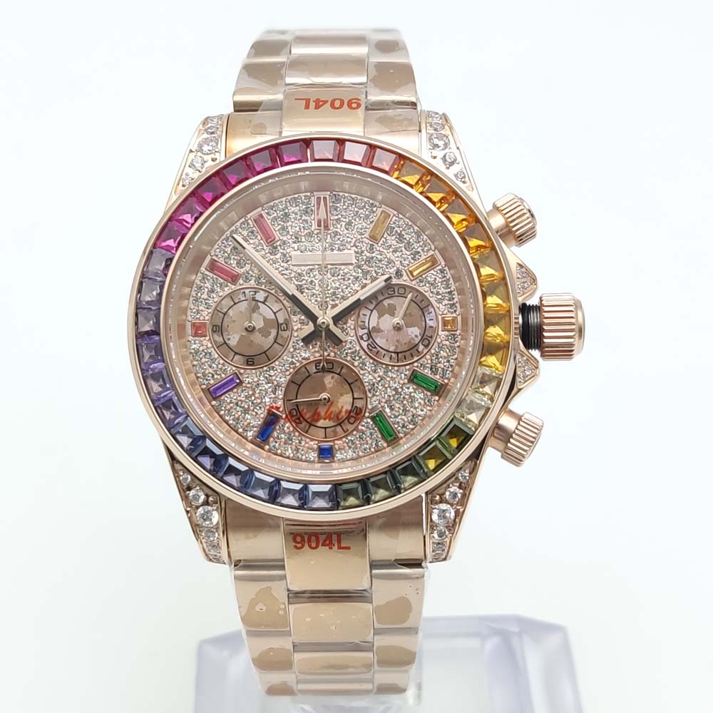 Chronograph Flyback Watch - 40 มม.เพชรที่มีสีสันอัญมณีหรูหราผู้ชายนาฬิกาควอตซ์ Rose Gold VK63 นาฬิกา