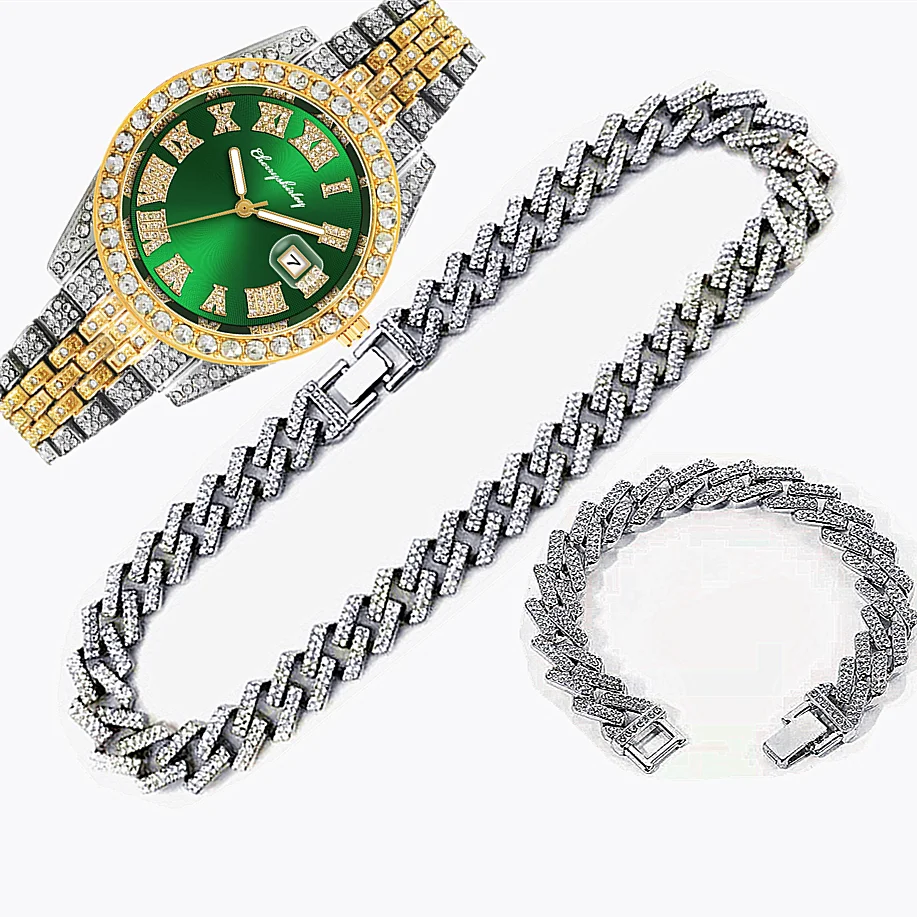 Luxury Watch Miami - นาฬิกาหรูหราแบบฝังเพชร 3 เรือนสำหรับผู้ชาย สไตล์ฮิปฮอป สายคิวบาแบบไมอามี่ ขนาด