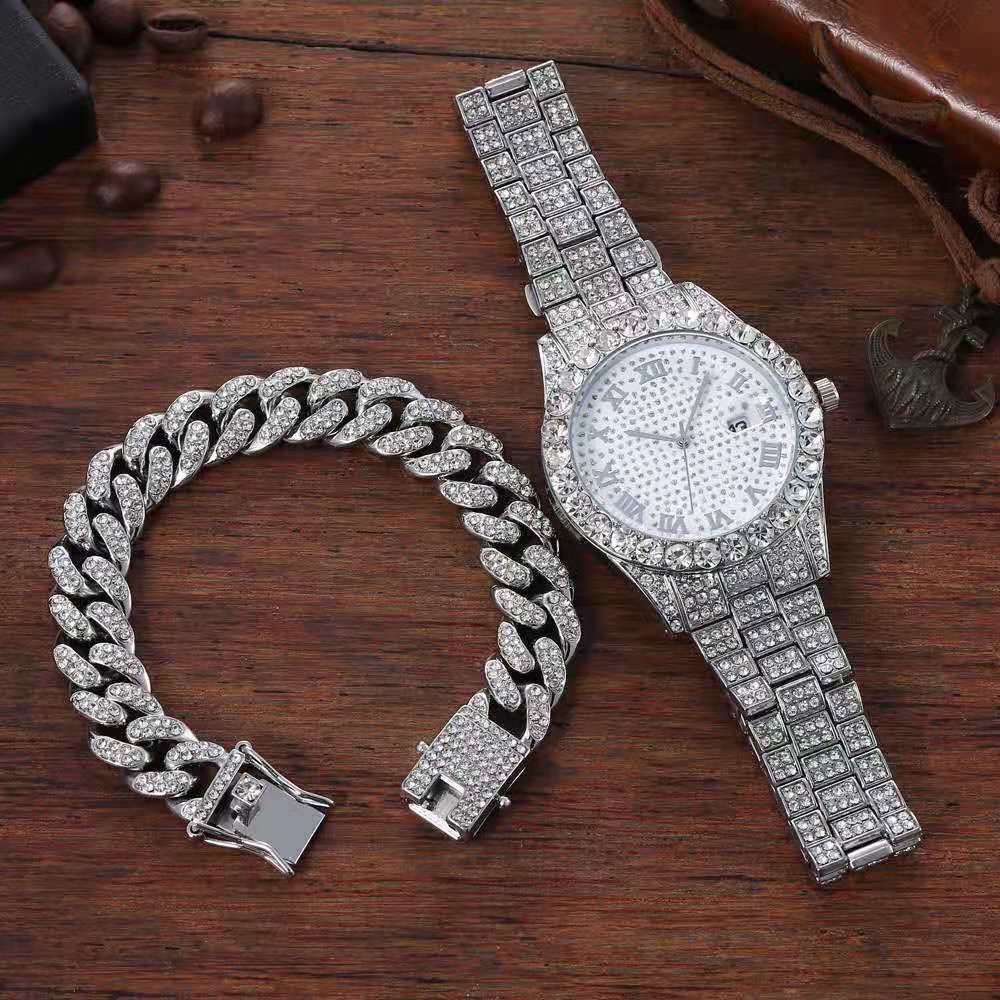 Luxury Watch Miami - ชุดนาฬิกาและสร้อยข้อมือสีทองใหม่ ดีไซน์แบบไอซ์เอาท์ สายคิวบาลิงค์สไตล์ไมอามี่ เครื่องประดับฮิปฮอปสุดหรูสำหรับผู้ชายและผู้หญิง ขนาด 20