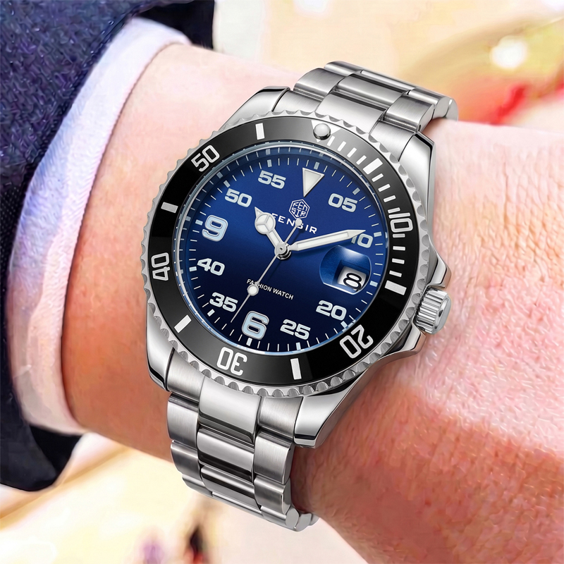 Luxury Watch It - นาฬิกาควอตซ์สำหรับผู้ชายแบบคลาสสิก พร้อมขอบหน้าปัดหมุนได้ทางเดียว กันน้ำ มีไฟเรืองแสง ปฏิทิน และสายเหล็ก