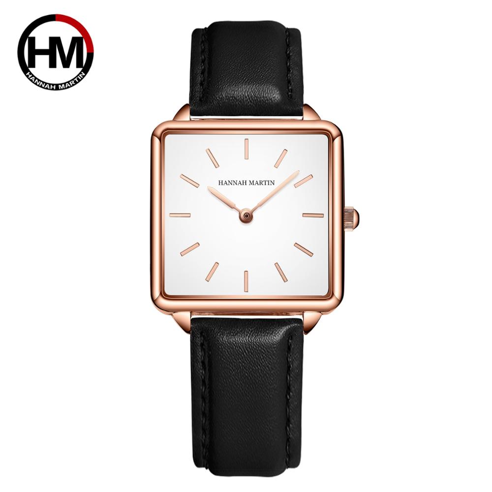 Luxury Watch Japan - สายหนังแท้Japan Quartz Movement HM-108ผู้หญิงง่ายออกแบบนาฬิกาข้อมือLadies Square Dialนาฬิกา