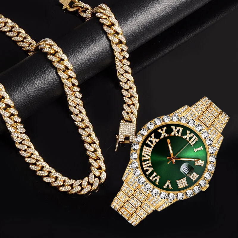 Luxury Watch Miami - นาฬิกาควอตซ์หรูหราสีทองเงินสำหรับผู้ชาย นาฬิกาฝังเพชรเต็มเรือน พร้อมสร้อยข้อมือและสร้อยคอแบบโซ่คิวบาประดับเพชรเทียมสไตล์ไมอามี่ ชุดเครื่องประดับ
