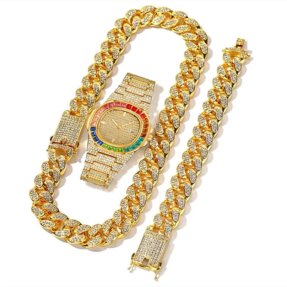 Luxury Watch Miami - นาฬิกา 3 เรือน+สร้อยคอ+กำไลข้อมือ นาฬิกาหรูหราประดับเพชร สไตล์ฮิปฮอป ไมอามี่